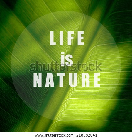 Life is nature. Inspiration quote on green leaf background. Motivation typography.