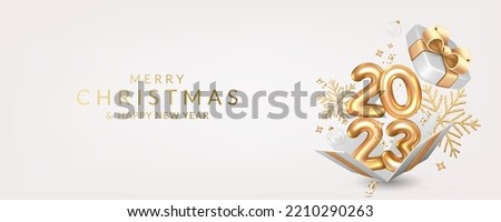 Christmas and New Year 2023 greeting card with open gift box with numbers, balls, gift boxes,  confetti, ribbons and snowflakes.