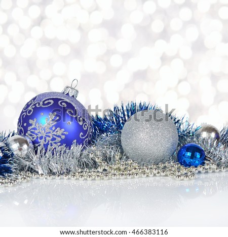 Blue And Silver Christmas Decorations On A Bokeh Background Stock Photo ...