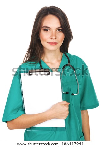 a young female doctor (or nurse, or student) with a blank clipboard