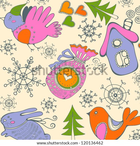 Vector winter seamless pattern. Gifts, sweets houses and birds. Colorful.