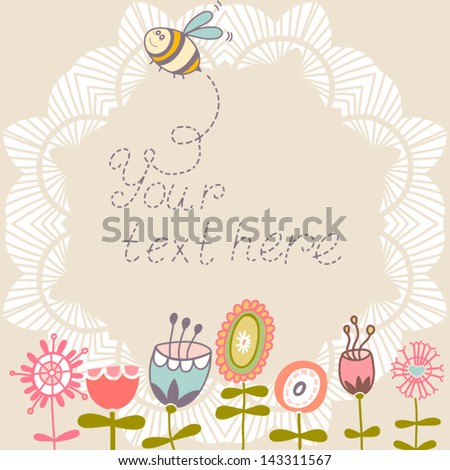 Cartoon bee and flowers. Summer concept card. Summer floral background in vector.