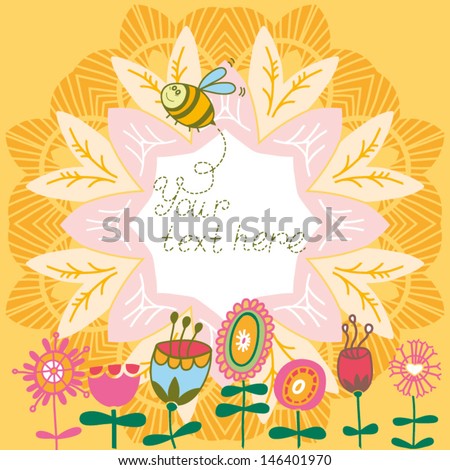 Cartoon bee and flowers. Summer bright concept card. Summer floral background in vector.