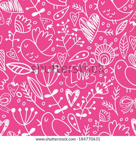 Cute seamless pattern with small birds and flowers. Spring vector background in pastel colors. Seamless pattern can be used for wallpapers, pattern fills, web page backgrounds, surface textures.