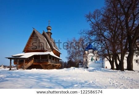 Wooden Nikola\'s church  and Cathedral of the Nativity at Suzdal in winter. Russia