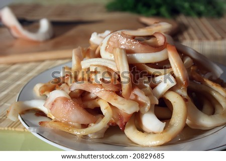 fried calamary in dish on cook table