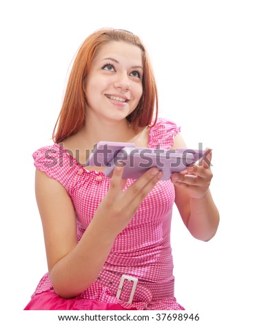 girl in pink dress with cosmetics box