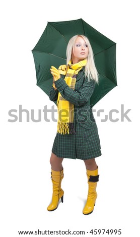 Blonde girl  in green coat  with umbrella over white