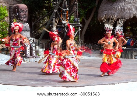 SALOU, SPAIN - APRIL 13:  Port Aventura theme Park in April 13, 2011 in Salou, Spain.  Dancers performance traditional show at Polynesian area