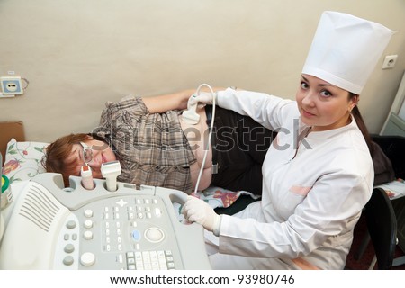 Female doctor making ultrasound investigation in medical clinic