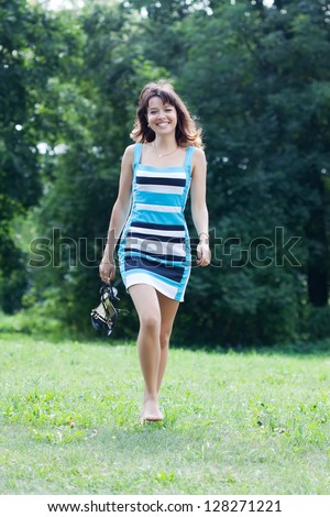 Beautiful Barefoot Woman Walking On Lawn Stock Photo 128271221 ...