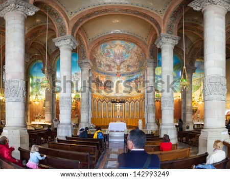 BARCELONA, SPAIN - MAY 18: Interior of Church of the Sacred Heart in May 18, 2013 in Barcelona, Spain.  ?onstruction of temple dedicated to the Sacred Heart, lasted from 1902 to 1961