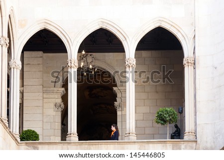 BARCELONA, SPAIN - APRIL 23: Gothic architecture of city hall in April 23, 2013 in Barcelona, Spain.  Inside gallery dated 1577
