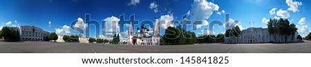 Full panorama of Yaroslavl -  central square in front of city administration and Church of Elijah the Prophet