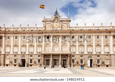 MADRID, SPAIN - APRIL 25: Front view of Royal Palace in April 25, 2013 in Madrid, Spain. Royal Palace of Madrid - is official residence of Spanish Royal Family