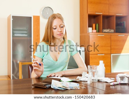 serious ordinary woman counting the cost of treatment at home