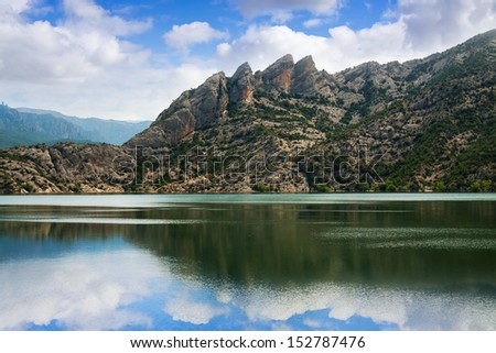 horizontal landscape with mountains lake. Lleida, Catalonia