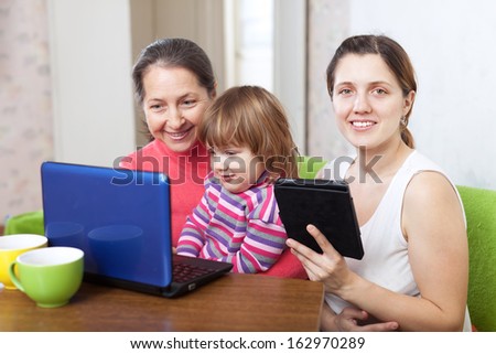 Happy family of three generations with electronic devices on sofa at home