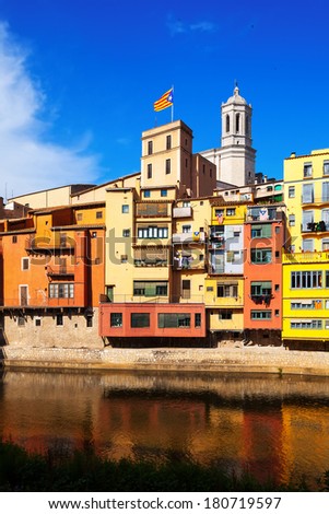 Picturesque houses on the river bank. Girona. Spain