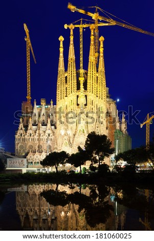 BARCELONA, SPAIN - JULY 14: Sagrada Familia at night on July 14, 2013 in Barcelona, Spain. Famous Church by Catalan architect Gaudi, building begun in 1882 and completion is planned in 2030