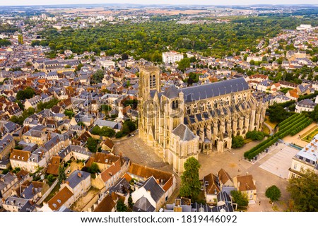 Scenic aerial view of Bourges town and surroundings in summer overlooking Gothic building of Roman Catholic Cathedral, France.. Photo stock © 