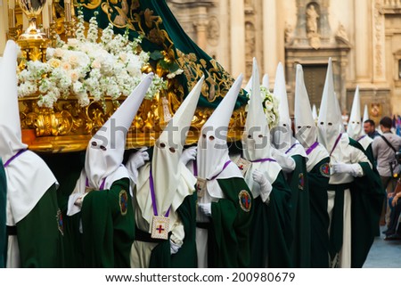 MURCIA, SPAIN - APRIL 15, 2014: Holy Week in Spain. Semana Santa is Christian religious processions on  streets of Spanish cities