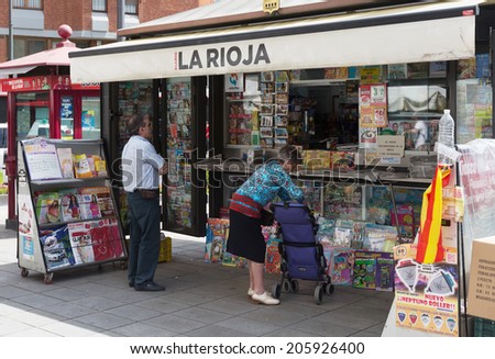 LOGRONO, SPAIN - JUNE 28, 2014:  News stands in Logrono, Spain. Stands with newspapers and magazines