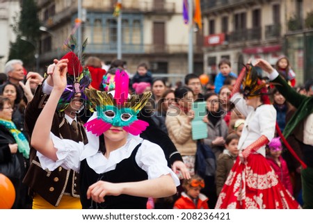 BARCELONA, SPAIN - MARCH 2, 2014: Dancing people at Carnival Balls at Placa Comercial