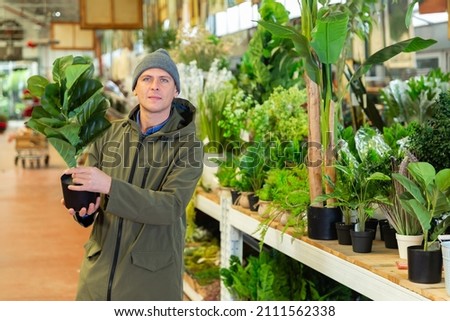 Man buyer holding pot with replica plant while shopping in home goods store and looking at camera. Photo stock © 
