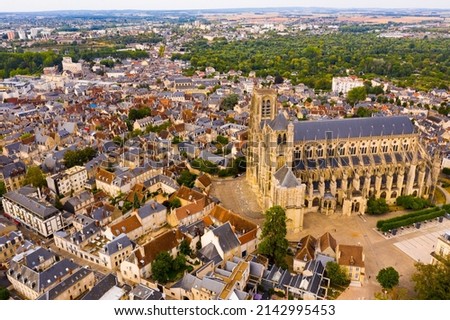 View from drone of houses and ancient Roman Catholic Cathedral of Bourges town at summer day, France Photo stock © 