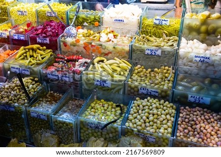Pickled vegetables marinades at the turkish market in Istanbul, Turkey Stok fotoğraf © 