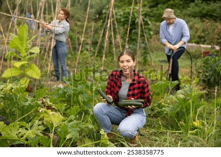 Similar – Image, Stock Photo Hand picking young zucchini fruit with blossom