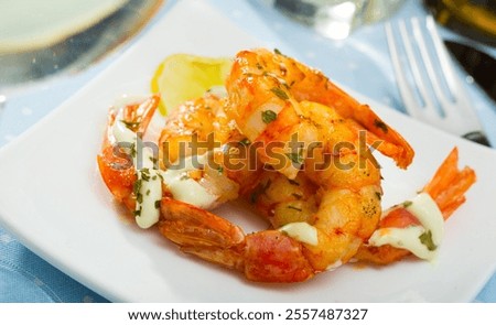 Image, Stock Photo Shrimps served on white plate