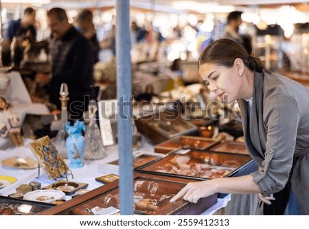 Image, Stock Photo Curious female on vacation travelling by coastal train