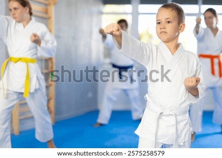 Similar – Image, Stock Photo Confident karate boy doing punch in studio