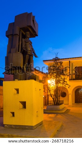 UTRILLAS, SPAIN - DECEMBER 9, 2014: The Mining Monument at town square in night.  Utrillas, Spain