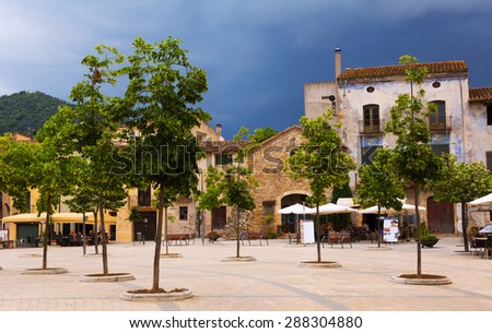BESALU, SPAIN - MAY 31, 2015:  Day view of town square in Besalu. Catalonia, Spain