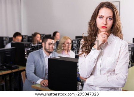 Angry sales department woman manager displeased of employees at office