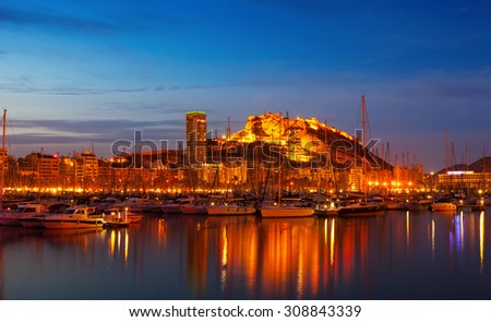 View of Port with yachts in night. Alicante, Spain