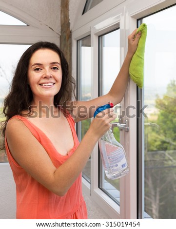 Attractive european maid cleaning windows with rag and sprayer
