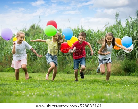 Image, Stock Photo Group of cheerful siblings on wooden pier