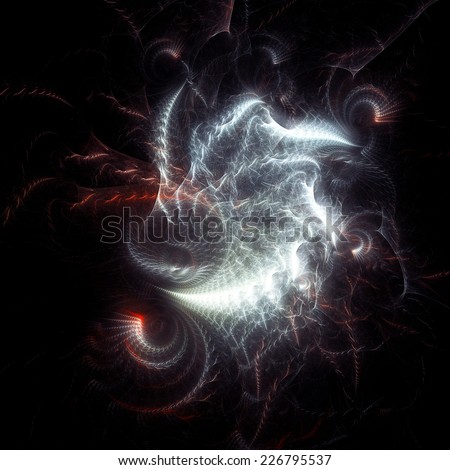 Esoteric visualization of a source of new ideas and inspiration. Artistic background with air transparent twirls on black. Fractal art