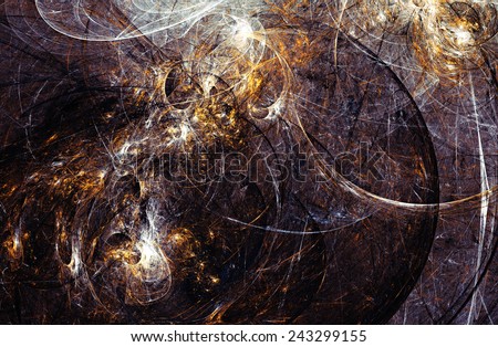 Abstract dynamic fantasy background with lighting effect. Artistic texture with gray and golden curls for creativity design. Futuristic decoration wallpaper, poster, cover booklet, flyer. Fractal art.