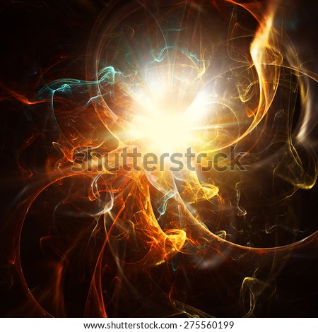 Explosion of a star. Bright flash. Abstract glowing futuristic background with lighting effect for creative design. Shiny decoration for wallpaper desktop, poster, cover booklet, flyer. Fractal art