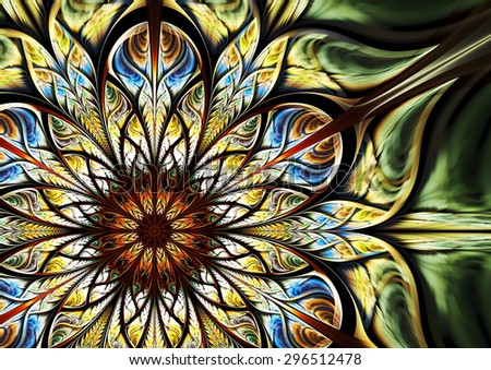 Green fantasy artistic flower. Beautiful futuristic abstract background for wallpaper, interior, album, flyer cover, banner, poster, booklet. Fractal artwork for creative graphic design.