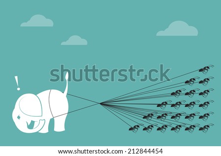 Elephant and ant rope pulling together. Concept of unity