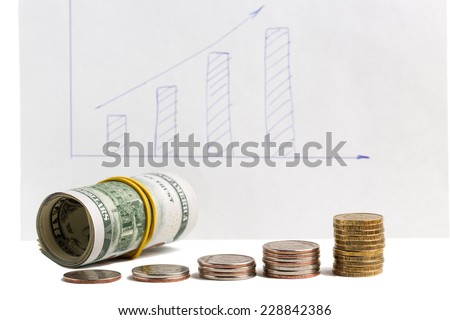 stack coins, rising curve, symbol photo for increasing profits and rising costs