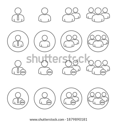 Simple Set of Business People Vector Thin Line Icons with round. Contains such as group of people, delete, decrease, ban, cancle, fire, exclude, minus, negative and more