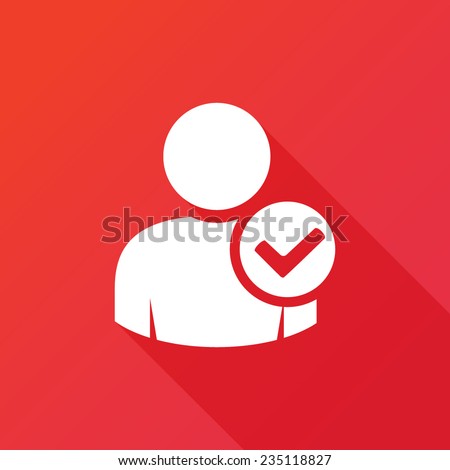 User profile sign web icon with check mark glyph. Account check icon. Vector illustration design element. Modern design flat style icon with long shadow effect. Accept account sign