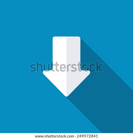 Down arrow. Vector illustration. Long shadow. Arrow down vector icon, abstract aiming arrow icon, blue background, below button